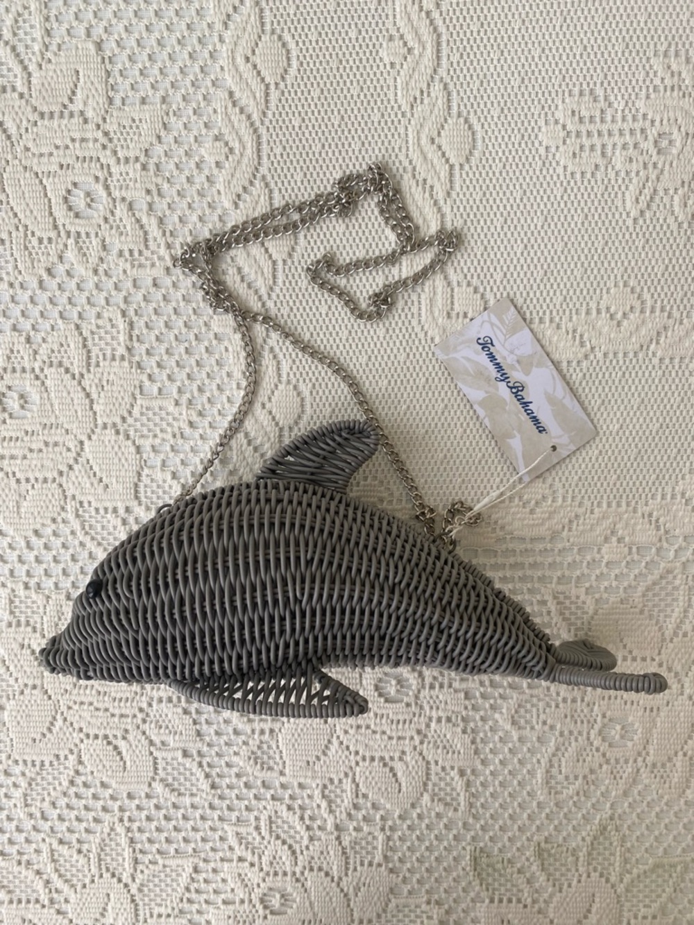 Tommy Bahama Dolphin Gray Wicker Crossbody Bag Silver Hardware NWT